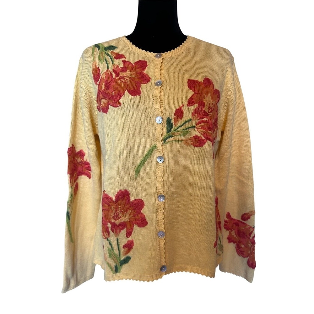 NWT Vintage Coldwater Creek Yellow Cardigan with Red Floral Embroidery Size Med
